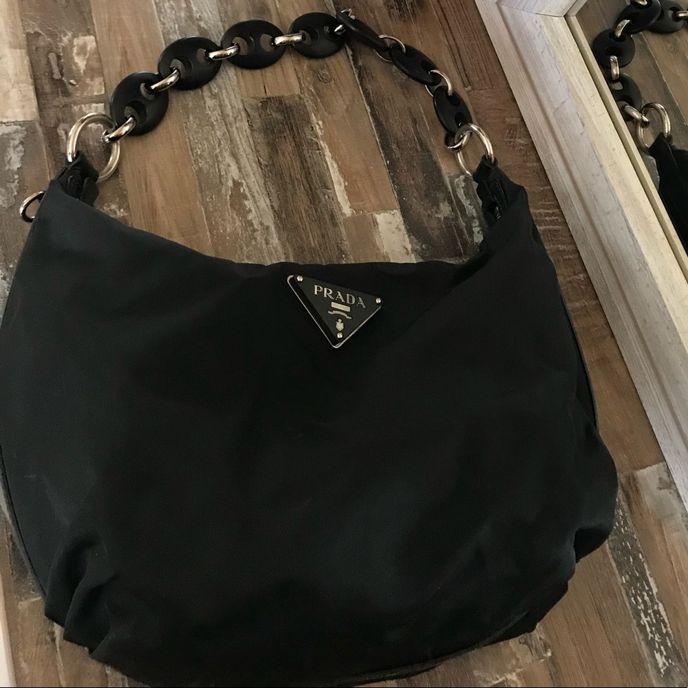 Prada Black Nylon Hobo with Wooden Chain Link Handle
